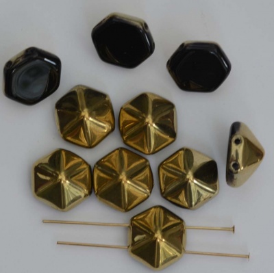 Pyramid Hex Gold 12mm Jet Amber 23980-26441 Czech Glass Beads x 12