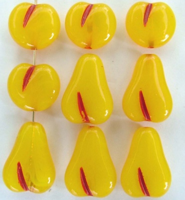 Fruit Flat Yellow Apples Pears Plums Czech Glass Beads x 15