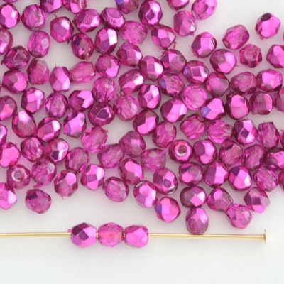 Fire Polished Pink  3 4 mm Met Ice Crystal Hot Pink 00030-67734 Czech Bead