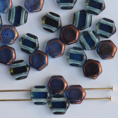 Honeycomb Blue Aqua Bronze 60020-14215 Czech Glass Beads x 30