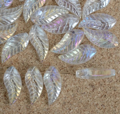 Chinese Leaf H Clear Crystal AB 19x8mm  Glass Bead x 10