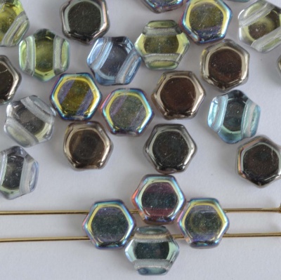 Honeycomb Grey Crystal Graphite Rainbow  00030-98537 Czech Glass Beads x 30