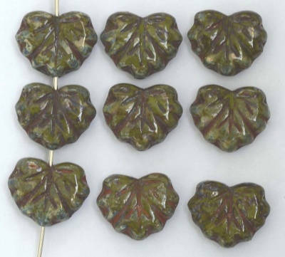 Leaf V Maple Green Olive Picasso Opaque 03460 Czech Glass Beads x 5