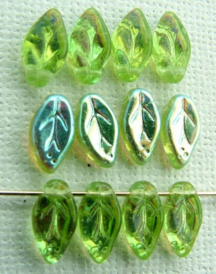 Leaf H 10 12mm Green Olivine AB 50230-28701 Czech Glass Bead Charm x 25