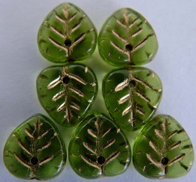 Leaf H Heart Green Tr Olivine Gold Inlay 50230Gl Czech Bead Charm x 50
