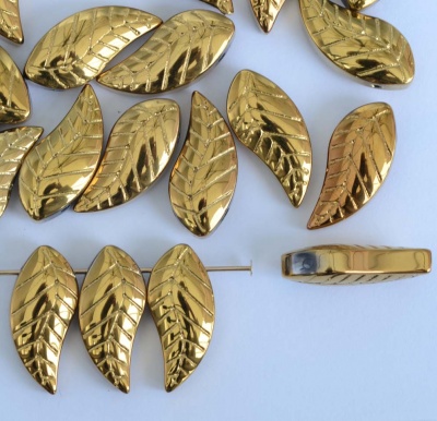 Chinese Leaf H Gold Rich  Gold 19x8mm  Glass Bead x 10