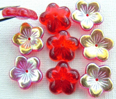 Flower Ch Flat 16mm Red Siam Ruby AB  90080-28701 Czech Glass Bead x 10