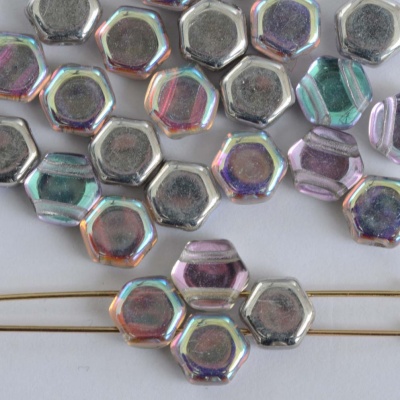Honeycomb Silver Crystal Silver Rainbow  00030-98530 Czech Glass Beads x 30
