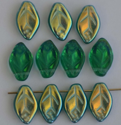 Leaf H 12 mm Green Teal Ab 50720-28701  Czech Glass Bead Charm  x 25