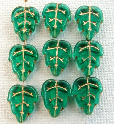 Leaf V 12 mm Green Teal Gold Inlay 6021Gl Czech Glass Beads x 25
