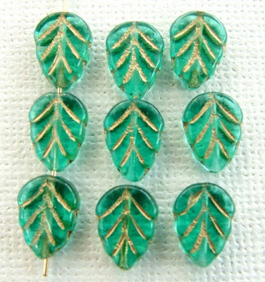 Leaf V 10 mm Green Tr Teal Gold Inlay 60210Gl Czech Glass Beads x 25