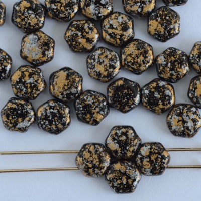 Honeycomb Gold Jet Tweedy Gold 23980-45704  Czech Glass Beads x 30